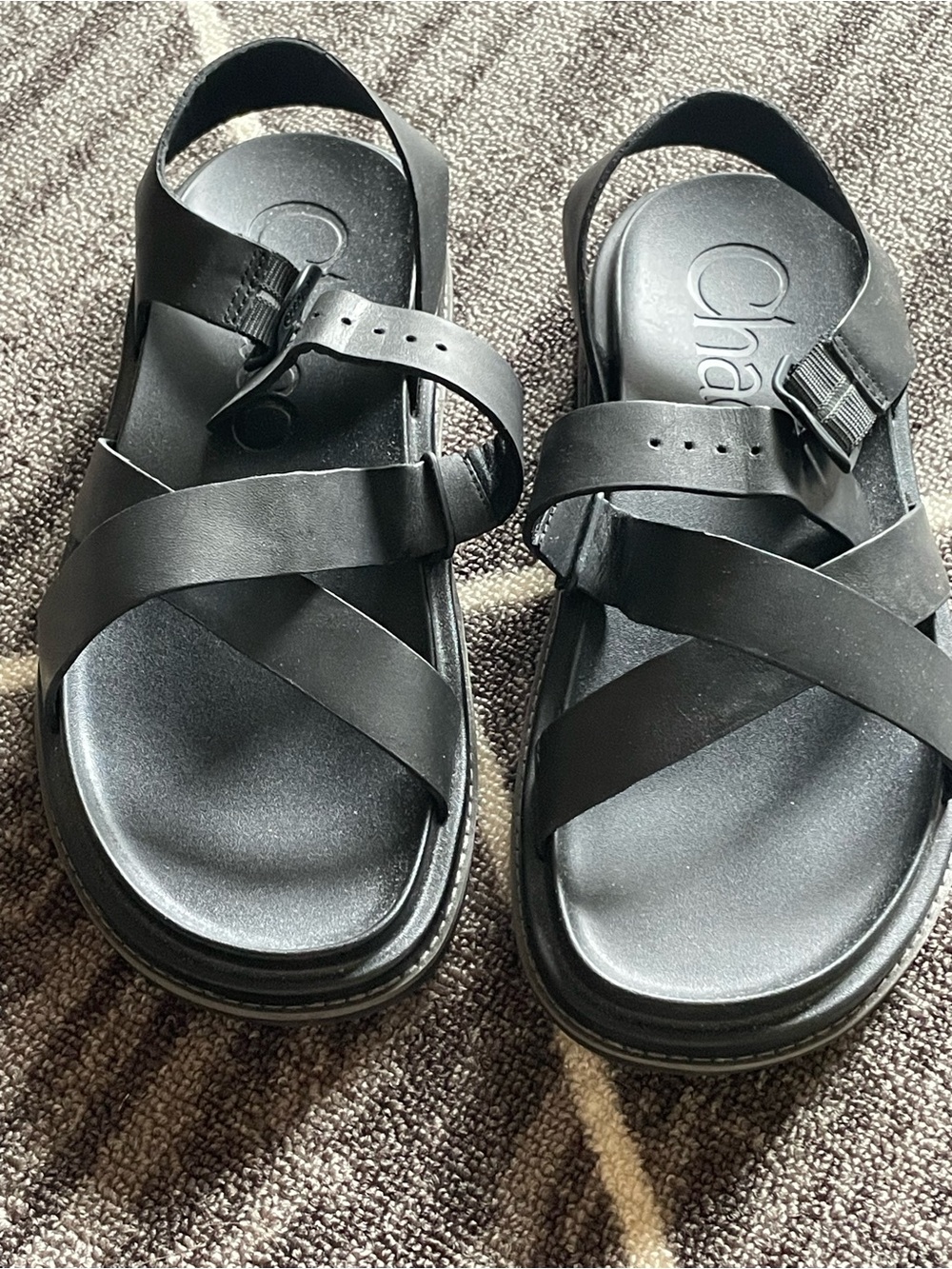Black leather sandals, size 9, Chaco